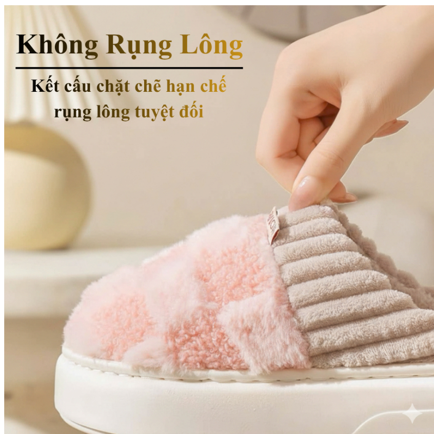 Dép bông, dép di trong nhà Chống Trơn Siêu êm, siêu Ấm, Dép Lông Ô Vuông Caro phong cách HQ Mã DP110