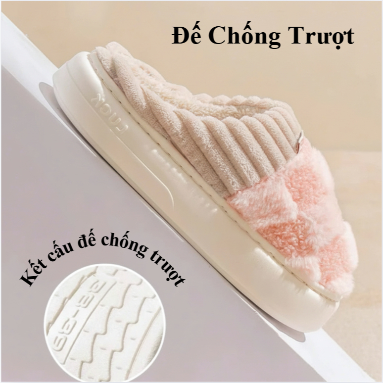 Dép bông, dép di trong nhà Chống Trơn Siêu êm, siêu Ấm, Dép Lông Ô Vuông Caro phong cách HQ Mã DP110