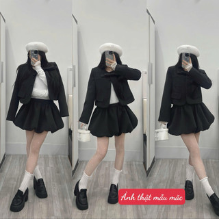 [S2.2084] Set Dạ Len Ép 2 Lớp Dày Dặn Áo Khoác Cúc Bọc Kèm Nơ Mix Chân Váy Bí Phồng Siêu Xinh