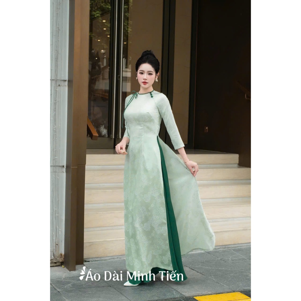 Áo Dài Chất Liệu Gấm Hoa Cao Cấp Họa Tiết Đính Kết Thủ Công Tỉ Mỉ - Mã Gấm Xanh Nơ Cổ Tròn