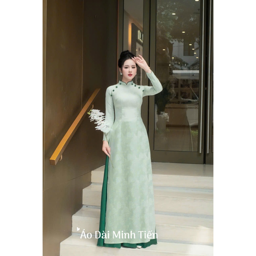 Áo Dài Chất Liệu Gấm Hoa Cao Cấp Họa Tiết Đính Kết Thủ Công Tỉ Mỉ - Mã Gấm Xanh Cổ 2P
