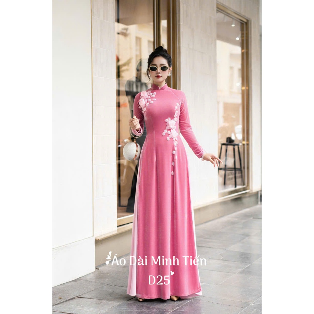 Áo Dài Chất Liệu Nhung The Cao Cấp - Hàng May Và Đính Kết Thủ Công Tỉ Mỉ Từng Áo - Mã D25 Màu Hồng Đỗ