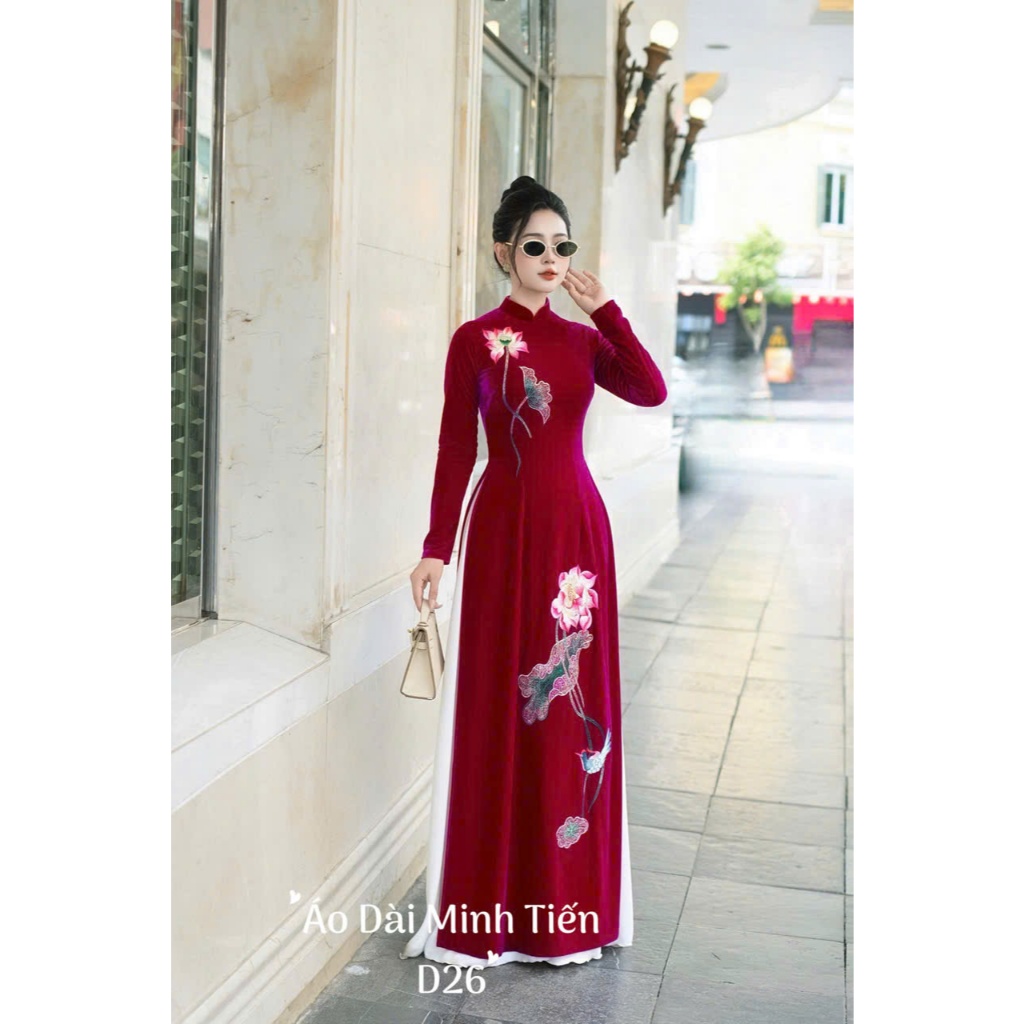 Áo Dài Chất Liệu Nhung The Cao Cấp - Hàng May Và Thêu Thủ Công Tỉ Mỉ Từng Áo - Mã D26 Màu Hồng Sen