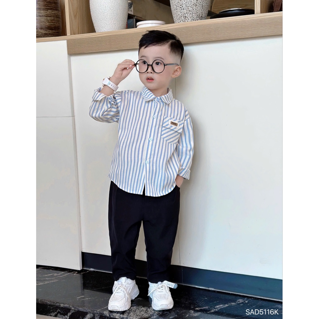 Áo sơ mi dài tay kẻ sọc phối túi tag Beermi chất liệu mềm nhẹ thoáng mát cho bé trai 9-28kg