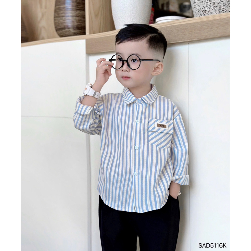 Áo sơ mi dài tay kẻ sọc phối túi tag Beermi chất liệu mềm nhẹ thoáng mát cho bé trai 9-28kg