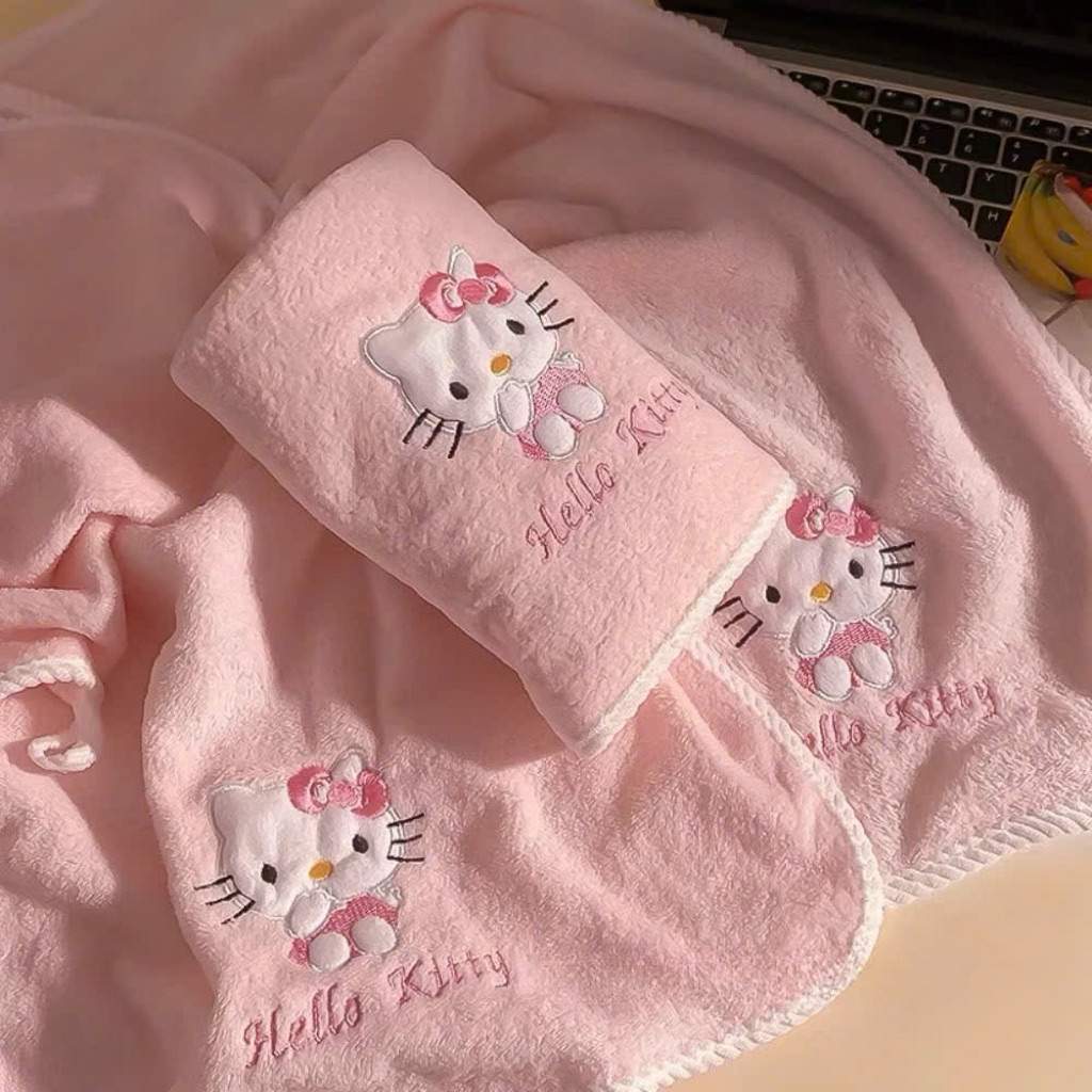 Bộ 2 Khăn Tắm Kitty Cao Cấp Vải Mềm Mịn, Thấm Hút Tốt  Dễ Thương Cho Bé & Gia Đình