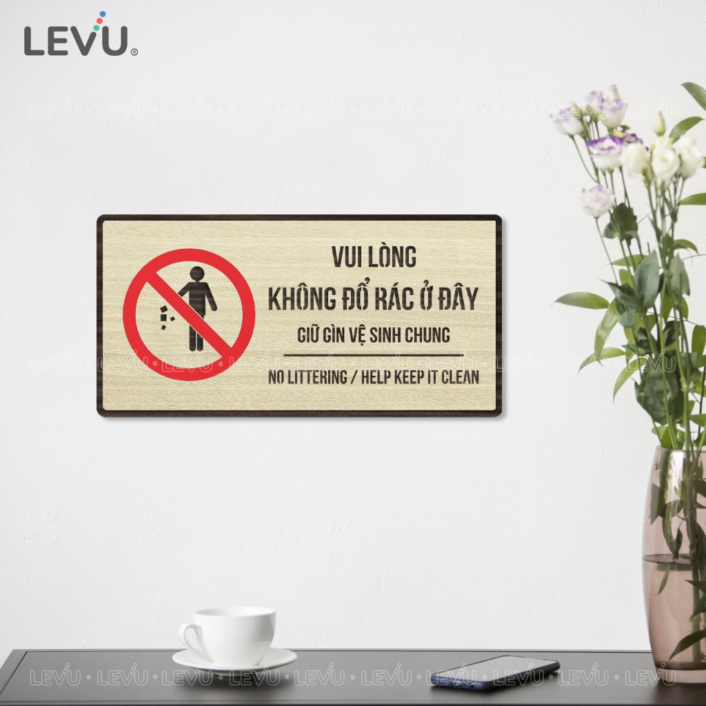 Bảng gỗ thông báo vui lòng không đổ rác ở đây trang trí khu vực cấm đổ rác BG85
