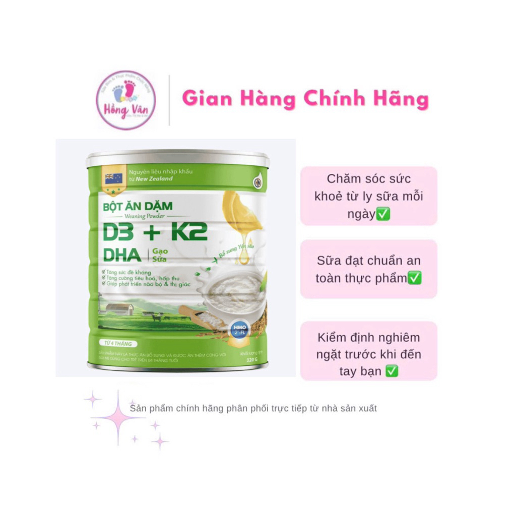 {Chính hãng} Bột Ăn Dặm D3+K2 Cho Bé Từ 4 Tháng Tuổi, (gạo sữa , bí ngô  khoai lang , bò chùm ngây ,gà hầm củ( lon 320g)