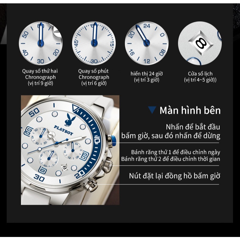 PLAYBOY Đồng hồ Nam thạch anh chính hãng dạ quang chống nước có lịch và chức năng chronograph 3036