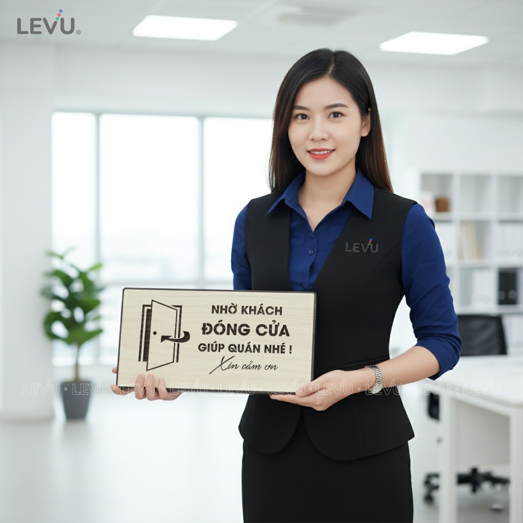 Bảng gỗ trang trí nhờ khách đóng cửa giúp quán nhé BG93, biển hiệu nhắc nhở ra vào nhớ đóng cửa