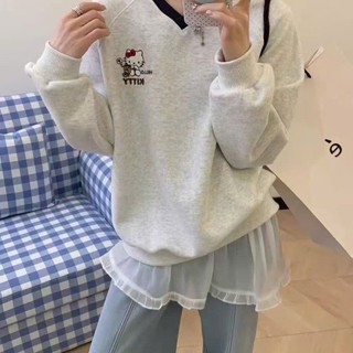 Áo sweater cổ tim form rộng in họa tiết 9 hình hello kitty dành cho nữ