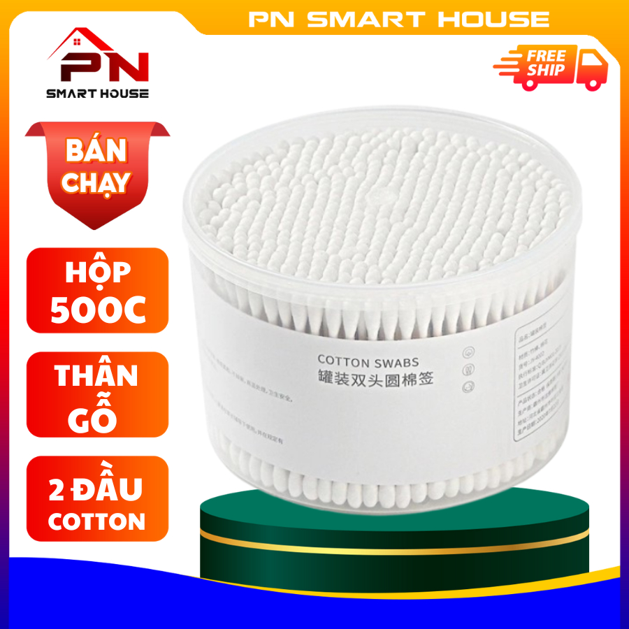 Hộp 500 Tăm Bông Ngoái Ráy Tai Cotton Thân Gỗ 2 Đầu Tròn Bông An Toàn Cho Mẹ Và Bé