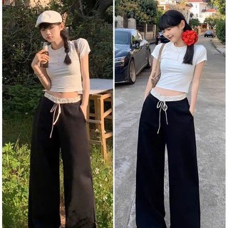 Quần dài nữ dáng suông vải thun co giãn cạp trắng mới