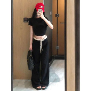 Quần dài nữ dáng suông vải thun co giãn cạp trắng mới