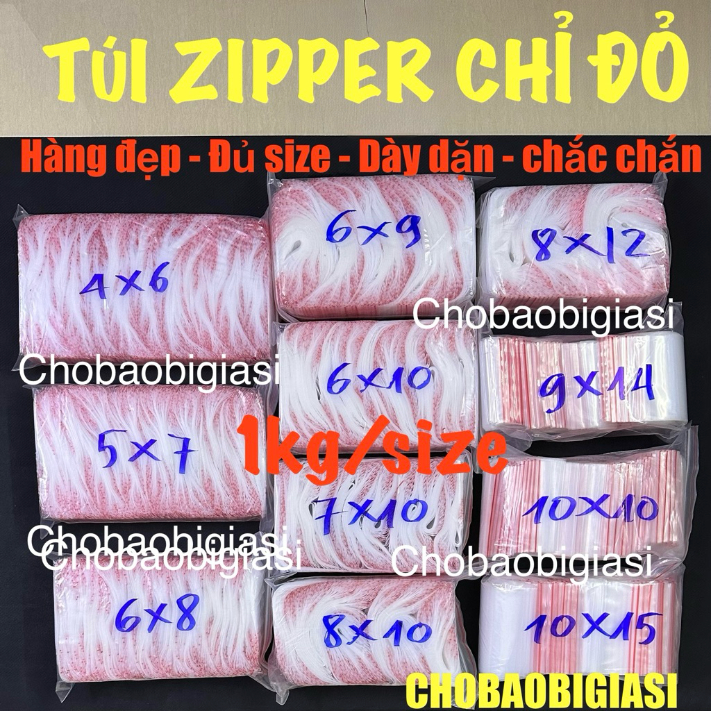 {1kg/size} Túi zip chỉ đỏ cỡ nhỏ 4×6/5×7/6×8/6×9/6×10 đến cỡ lớn 40×60, 50×70,60×80 túi díp loại tốt – dày dặn-chắc chắn