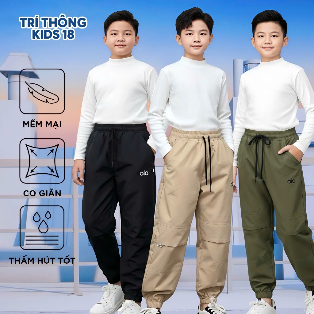 Quần gió thu đông "ALO" bé trai bé gái 15-46kg từ 4-14 tuổi dáng thể thao unisex chống gió nước nhẹ