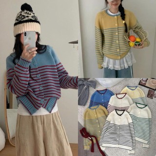 Áo cardigan len nữ cổ tròn kẻ ngang dáng rộng phong cách Hàn Quốc Quảng Châu form đẹp Aolen1312