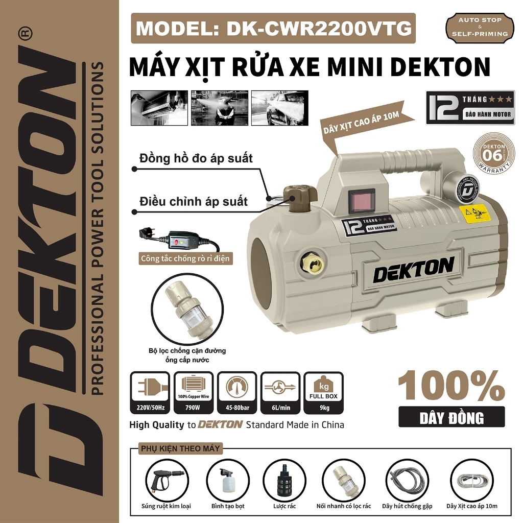 Máy rửa xe chỉnh áp DEKTON DK-CWR2200VTG, Công suất 790W, Lưu lượng 80bar, Có chống rò điện