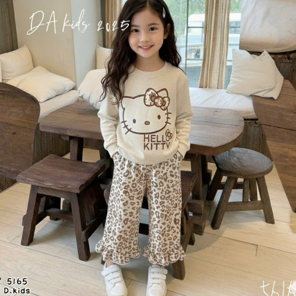 Set Bộ Len Thỏ Quần In Đốm 2026 Họa Tiết Mèo Kitty Cho Bé Gái Dễ Thương,Sz9-32kg