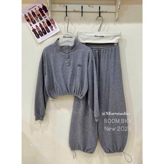Set Bộ Đồ Nữ Len Lông Thỏ Thêu Alo Áo Cổ Trụ CÚC BỌC Dây Rút Gấu Áo Mix Quần Dài Ống Rộng Dây Rút Gấu