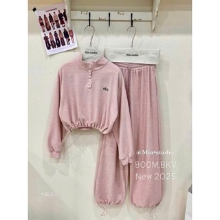 Set Bộ Đồ Nữ Len Lông Thỏ Thêu Alo Áo Cổ Trụ CÚC BỌC Dây Rút Gấu Áo Mix Quần Dài Ống Rộng Dây Rút Gấu