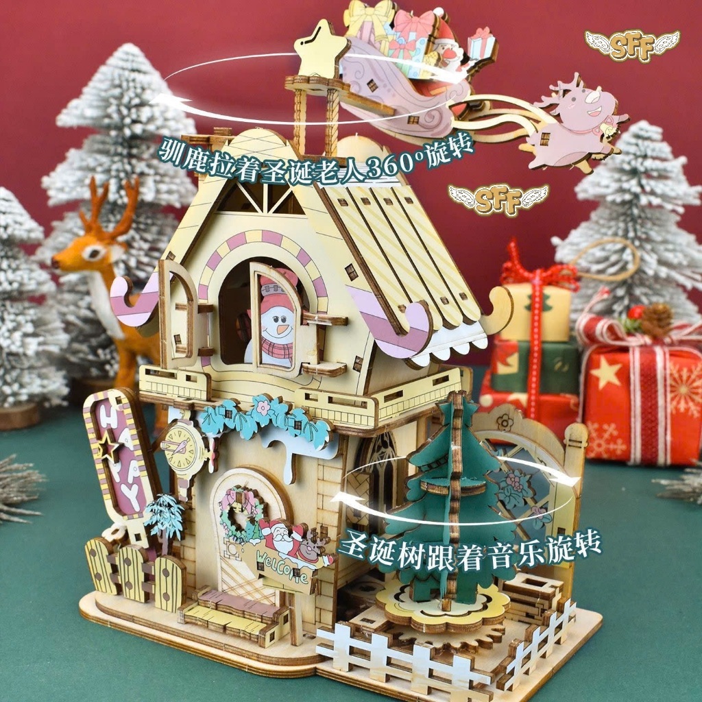 Đồ Chơi Lắp Ráp Mô Hình Gỗ 3D Hộp Nhạc Ngôi Nhà Giáng Sinh STEAM Ngôi Nhà Noel