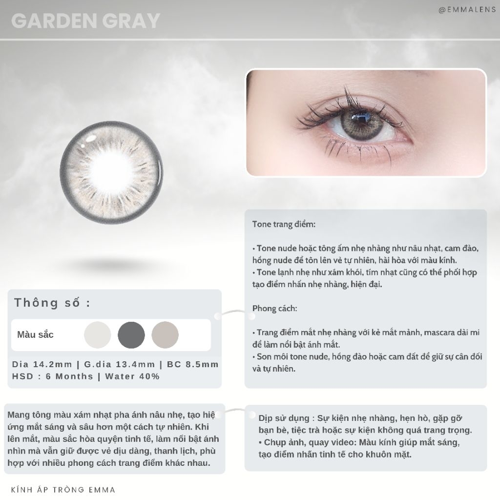 Kính Áp Tròng Garden Gray | Lens Xám Tây Giãn Vừa | Emma Lens