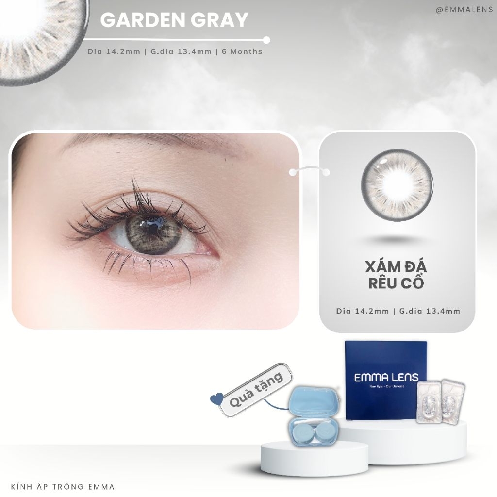 Kính Áp Tròng Garden Gray | Lens Xám Tây Giãn Vừa | Emma Lens