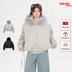 Áo khoác phao nữ GRADPOPU cotton dày dặn có mũ trùm đầu cổ lông xếp ly thiết kế độc đáo PAP44