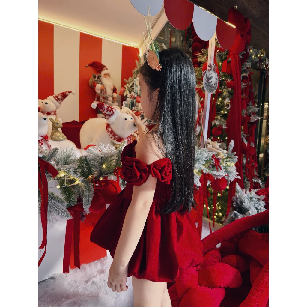 Đầm bé gái,đầm nhung đỏ vai rớt hoa 3D bé gái dáng tiệc phong cách dễ thương cho mẹ và bé gái 15-55kg,đầm đôi mẹ bé