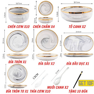 Bộ bát đĩa sứ cao cấp Vân Đá Viền Vàng phong cách Bắc Âu 6-10 người ăn, HOME DECOR, QUÀ TẶNG GỐM SỨ