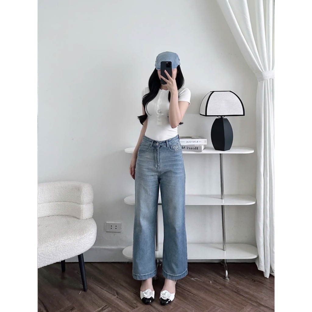 (Có big size) Quần jean nữ ống suông thêu nơ cá tính dài 95cm, 102cm, chất liệu jean denim dày dặn, không co giãn Anngo