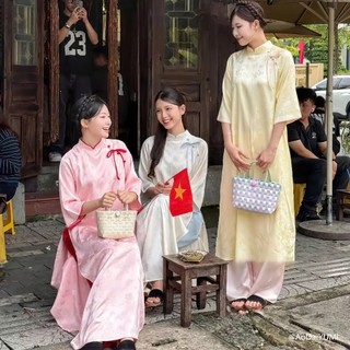 Áo Dài Dáng Xuông Mộc Trà Thiết Kế Nơ Ở Vai Cực Sang Trọng,Áo Dài Tết Cách Tân-Áo Dài YUMI