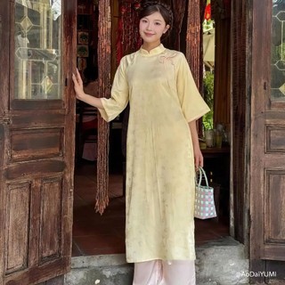 Áo Dài Dáng Xuông Mộc Trà Thiết Kế Nơ Ở Vai Cực Sang Trọng,Áo Dài Tết Cách Tân-Áo Dài YUMI