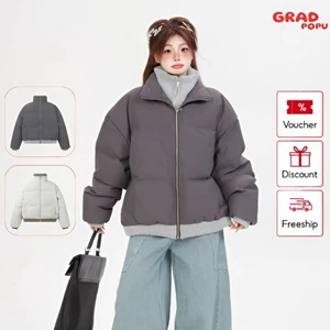 Áo khoác phao nữ GRADPOPU thiết kế độc đáo, cổ đứng, giả hai mảnh, vải kẻ caro có đệm cotton PAP47