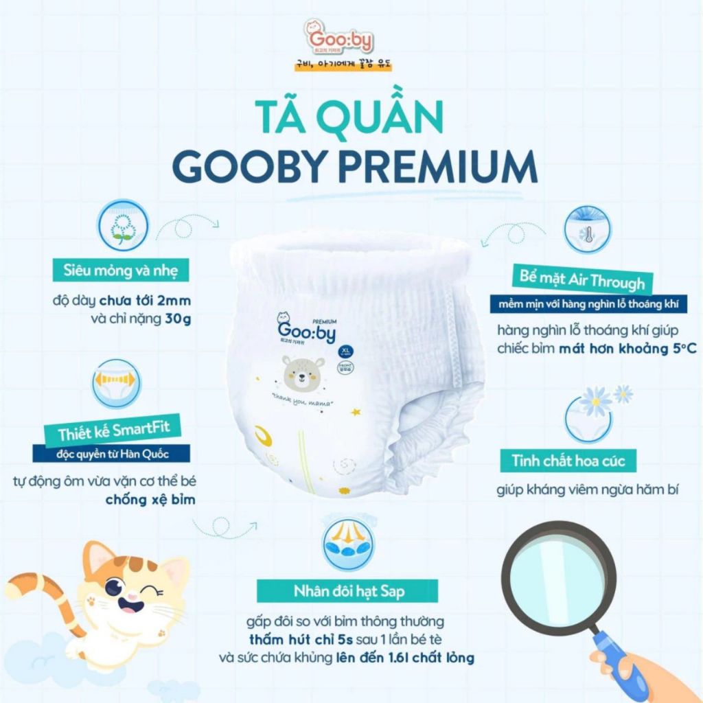 Tã/bỉm dán và quần Gooby chính hãng Extra/Premium đủ size NB/S/M/L/XL/XXL/XXXL chống tràn hiệu quả
