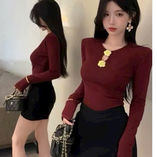 Áo Thun Zip Lông Dài Tay Cổ Khoét Đính Hoa Màu Dài Tay Cổ Khoét Đính Hoa Màu Copper
