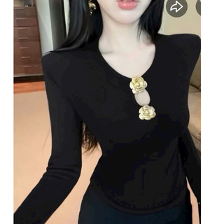 Áo Thun Zip Lông Dài Tay Cổ Khoét Đính Hoa Màu Dài Tay Cổ Khoét Đính Hoa Màu Copper