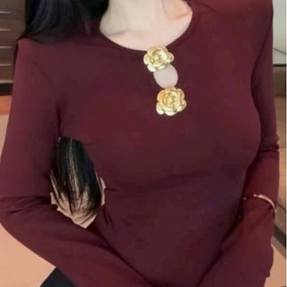Áo Thun Zip Lông Dài Tay Cổ Khoét Đính Hoa Màu Dài Tay Cổ Khoét Đính Hoa Màu Copper