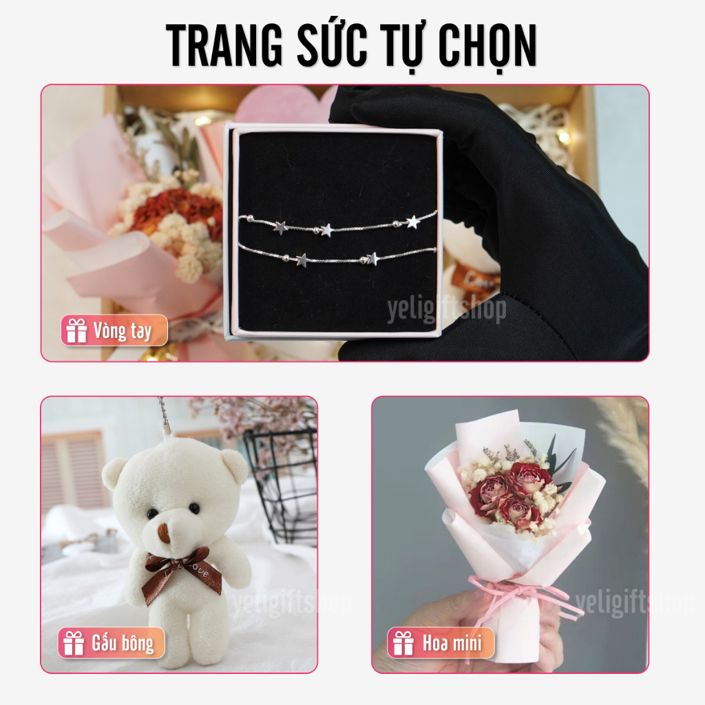 Hộp quà trang sức dây chuyền, vòng tay tự chọn kèm gấu, hoa, phụ kiện cho người yêu, bạn gái, Set quà dây chuyền