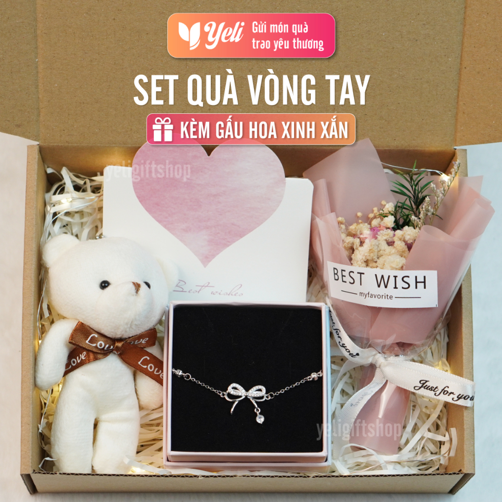 Set quà vòng tay và hoa gấu tặng bạn gái, Set quà tặng người yêu, bạn thân, Hộp quà trang sức hoa gấu Yeli Shop