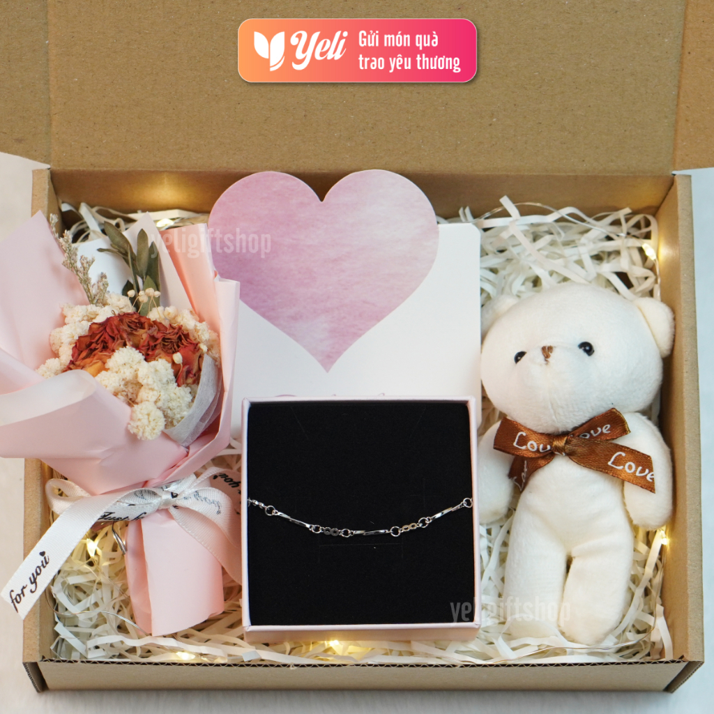 Set quà vòng tay và hoa gấu tặng bạn gái, Set quà tặng người yêu, bạn thân, Hộp quà trang sức hoa gấu Yeli Shop