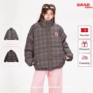Áo khoác phao nữ GRADPOPU chất cotton kẻ caro cổ đứng dáng rộng cao cấp, mẫu mới mùa đông PAP50
