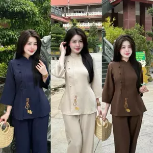 Bộ Đồ Lam Nữ Đi Chùa Họa Tiết Thêu Hoa Chữ An Chất Liệu Vải Đủi Vân Mây Cao Cấp DL007
