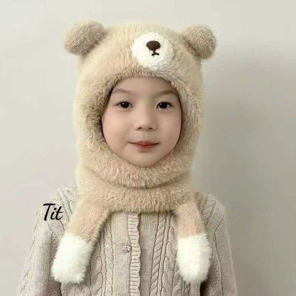 Mũ gấu 2 quai bóp có tiếng kêu cho bé - Mũ nón len lông mềm giữ ấm