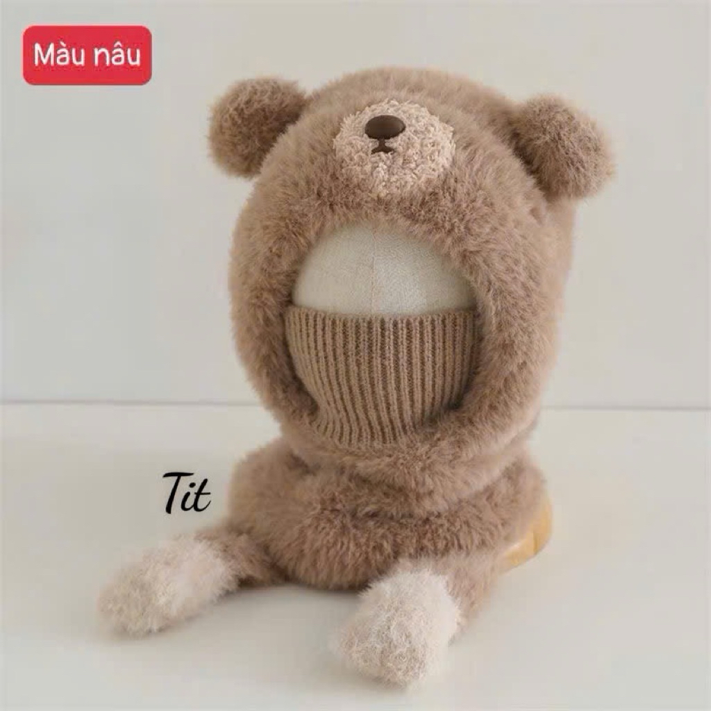 Mũ gấu 2 quai bóp có tiếng kêu cho bé - Mũ nón len lông mềm giữ ấm