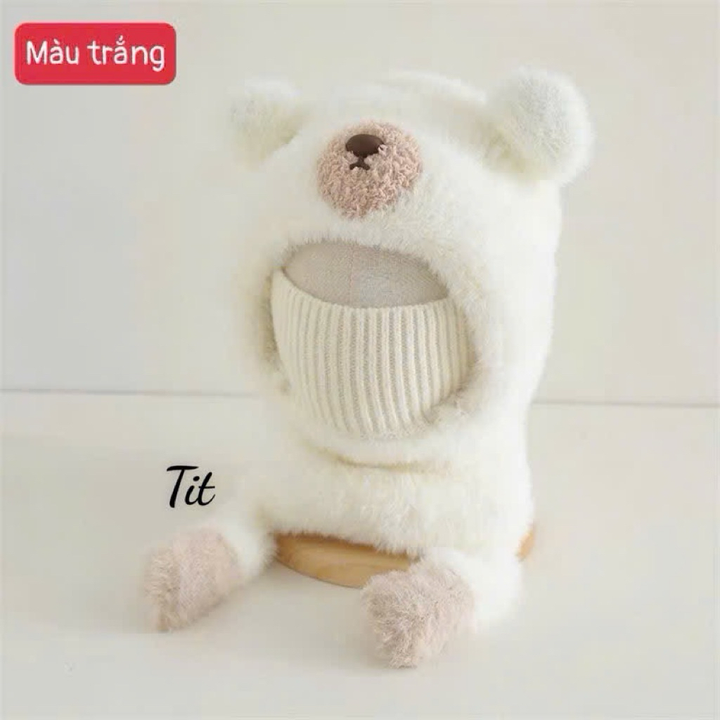 Mũ gấu 2 quai bóp có tiếng kêu cho bé - Mũ nón len lông mềm giữ ấm