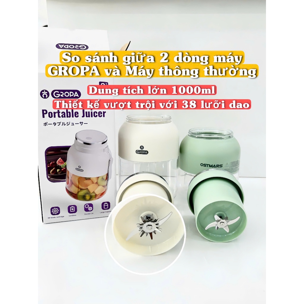 [DEAL MỞ BÁN] Máy Xay Sinh Tố GROPA Cầm Tay 38 Lưỡi, Xay Hoa Quả Công Suất Lớn,Bình Nước 1000ml