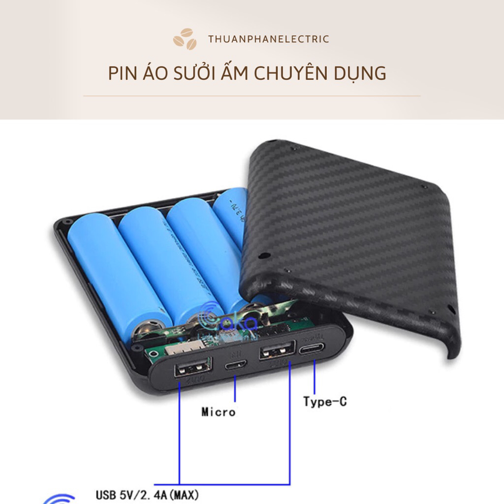 Pin áo sưởi ấm vân carbon, Loại đóng pin viên Lithium-ion xịn, độ bền cao