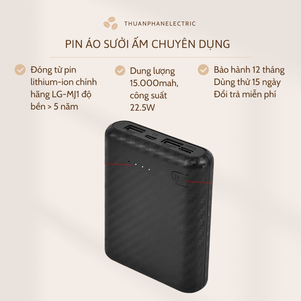 Pin áo sưởi ấm vân carbon, Loại đóng pin viên Lithium-ion xịn, độ bền cao